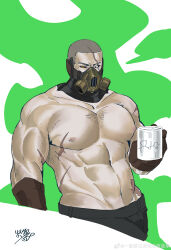 Rule 34 | 1boy, abs, absurdres, apex legends, artist request, bara, buzz cut, caustic (apex legends), chemistry, chest hair, cropped legs, cup, field research caustic, gas mask, groin, highres, large pectorals, looking at viewer, male focus, mask, mismatched pupils, mug, muscular, muscular male, nipples, pectorals, scar, scar across eye, short hair, solo, stomach, very short hair