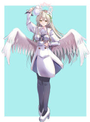 Rule 34 | 1girl, absurdres, angel wings, arm up, black pantyhose, blue archive, commentary request, cup, feathered wings, flower, full body, grey hair, hair between eyes, hair flower, hair ornament, halo, high heels, highres, holding, holding plate, holding teapot, long hair, long sleeves, looking at viewer, nagisa (blue archive), pantyhose, plate, pouring, school uniform, serafuku, shoulder strap, sidelocks, simple background, solo, standing, teacup, teapot, white footwear, white wings, wimawi, wings, yellow eyes