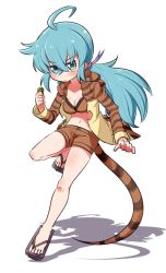 Rule 34 | 1girl, ahoge, aqua eyes, aqua hair, bad id, bad pixiv id, black footwear, breasts, brown shorts, brown sports bra, closed mouth, coin, commentary, highres, holding, holding coin, hood, hood down, hoodie, japari coin, kemono friends, leg up, light frown, long hair, long sleeves, looking at viewer, medium breasts, navel, ngetyan, open clothes, open shirt, ponytail, sandals, shadow, short shorts, shorts, snake tail, solo, sports bra, standing, standing on one leg, striped tail, tail, tsuchinoko (kemono friends)