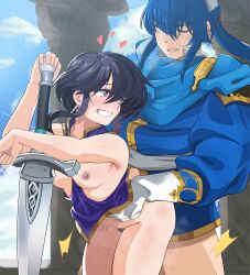 Rule 34 | 1boy, 1girl, bad source, bent over, black hair, blue hair, blush, breasts, closed eyes, column, commission, commissioner upload, doggystyle, female pubic hair, fire emblem, fire emblem: genealogy of the holy war, hanging breasts, heart, heart-shaped pupils, hetero, highres, larcei (fire emblem), long hair, looking at another, looking back, medium breasts, nintendo, nipples, pillar, ponytail, pubic hair, public indecency, pussy juice, seliph (fire emblem), sex, sex from behind, short hair, smile, spaghetto087, sweat, sword, symbol-shaped pupils, tomboy, torso grab, weapon