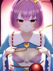 Rule 34 | 1girl, ahoge, bad id, bad pixiv id, blouse, blue shirt, blush, bow, bra, breasts, buttons, closed mouth, commentary request, eyeball, floral print, frilled bra, frilled shirt collar, frilled sleeves, frills, gradient background, gradient eyes, hair between eyes, hair ornament, hairband, heart, heart-shaped pupils, heart hair ornament, highres, komeiji satori, long sleeves, looking at viewer, multicolored eyes, okichi miyoshi, open clothes, open shirt, pink hair, print bra, purple bow, purple bra, red eyes, ribbon-trimmed collar, ribbon trim, shadow, shirt, short hair, small breasts, solo, symbol-shaped pupils, third eye, touhou, twitter username, unbuttoned, unbuttoned shirt, underwear, upper body, wide sleeves