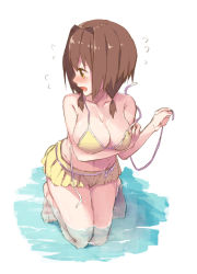 Rule 34 | 10s, 1girl, absolute duo, bare shoulders, barefoot, bikini, bikini skirt, blush, breast hold, breasts, brown eyes, brown hair, cleavage, highres, hotaka miyabi, kneeling, large breasts, looking to the side, navel, open mouth, partially submerged, profile, ribbon, short hair, simple background, solo, swimsuit, tears, tokuno yuika, untied bikini