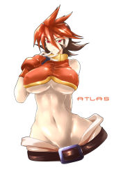 Rule 34 | 1girl, abs, arm behind back, atlas (mega man), belt, breasts, brown hair, capcom, character name, covered erect nipples, haganef, hair between eyes, hand on own chest, highres, huge breasts, inti creates, large breasts, mega man (series), mega man zx, mega man zx advent, midriff, multicolored hair, navel, orange hair, red eyes, short hair, sidelocks, simple background, skin tight, solo, spiked hair, third-party edit, tight clothes, two-tone hair, white background, wide hips