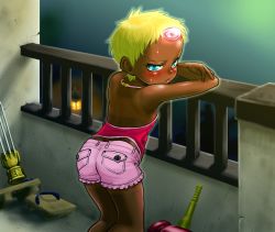 Rule 34 | 00s, 1girl, ass, back, balcony, bare shoulders, blonde hair, blue eyes, blush, boro, chat (tales), dark-skinned female, dark skin, eyebrows, eyelashes, female focus, flat chest, forehead jewel, from behind, kneeling, legs together, looking at viewer, looking back, outdoors, parted lips, scowl, short hair, short shorts, shorts, solo, sweat, tales of (series), tales of eternia, tan, tanline