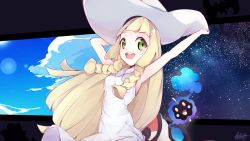 Rule 34 | adjusting clothes, armpits, arms up, bag, blonde hair, blue background, blush, braid, breasts, cloud, collarbone, cosmog, creatures (company), dress, game freak, gen 7 pokemon, green eyes, happy, hat, legendary pokemon, lillie (pokemon), long hair, looking at viewer, lunala, nintendo, pokemon, pokemon (creature), pokemon sm, signature, silhouette, sky, sleeveless, sleeveless dress, small breasts, smile, solgaleo, standing, star (sky), starry sky, sun, sun hat, teeth, text focus, tousaki shirasu, twin braids, white dress, white headwear