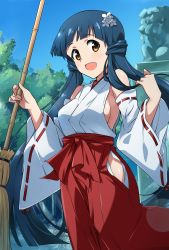 Rule 34 | 1girl, :d, absurdres, blue hair, blue sky, blush, breasts, broom, brown eyes, detached sleeves, floating hair, flower, hair flower, hair ornament, hakama, highres, hip vent, holding, holding broom, idolmaster, idolmaster million live!, japanese clothes, kitakami reika, large breasts, lens flare, long hair, long sleeves, miko, open mouth, red hakama, ribbon-trimmed sleeves, ribbon trim, sideboob, sideless outfit, sky, smile, solo, tokiani, very long hair, white flower, white sleeves, wide sleeves