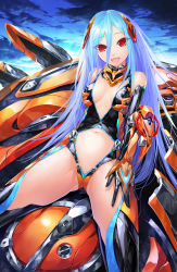 Rule 34 | 1girl, :d, bad id, bad pixiv id, bare shoulders, blue hair, blue sky, bodysuit, cleavage cutout, clothing cutout, cloud, cyborg, eyebrows, eyes visible through hair, gloves, hair between eyes, hand on own thigh, highres, leaning back, long hair, looking at viewer, mecha musume, mechanical arms, navel, navel cutout, open mouth, original, outdoors, red eyes, revision, science fiction, sitting, sky, smile, solo, solru, spread legs, very long hair