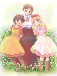 Rule 34 | 3girls, :d, age difference, ankle boots, annie harding, bad id, bad pixiv id, belt, blonde hair, blue eyes, boots, bow, brown footwear, brown hair, dress, field, flower, flower field, full body, grass, hairband, hand on another&#039;s shoulder, highres, hizukiryou, josephine march, long skirt, margaret brooke, multiple girls, open mouth, pantyhose, red bow, red skirt, retro artstyle, short hair, sitting, skirt, smile, striped clothes, striped legwear, striped pantyhose, very short hair, wakakusa monogatari nan to jou sensei, white dress, yellow dress