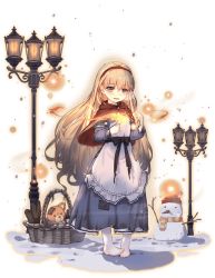 Rule 34 | 1girl, apron, ark order, basket, black bow, blonde hair, blue dress, bow, capelet, dress, fire, frilled apron, frills, lamppost, little match girl, little match girl (ark order), long hair, matches, official art, patch, red capelet, snow, snowman, socks, solo, stuffed animal, stuffed toy, tachi-e, teddy bear, torn clothes, torn socks, transparent background, very long hair, white apron, white socks, yellow eyes, you ni ge shaobing