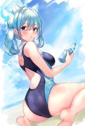 Rule 34 | 1girl, animal ears, ass, barefoot, beach, blue archive, blue hair, blue halo, blue sky, blush, bottle, breasts, cat ears, echi5, feet out of frame, from behind, from side, hair between eyes, hair ornament, hairclip, halo, highres, holding, holding bottle, looking at viewer, medium breasts, open mouth, outdoors, sand, shiroko (blue archive), shiroko (swimsuit) (blue archive), sideboob, sidelocks, sitting, sky, solo, sweatdrop, water, water bottle