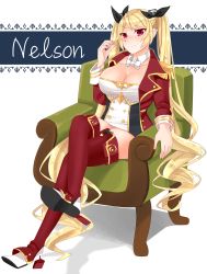 Rule 34 | 1girl, absurdres, adjusting hair, azur lane, black ribbon, blonde hair, blush, boots, border, breasts, chair, character name, cleavage, commentary request, crossed legs, detached collar, dress, epaulettes, frown, full body, gold trim, hair ribbon, highres, jacket, lace, lace border, large breasts, long hair, long sleeves, microdress, nelson (azur lane), ornate border, red eyes, red footwear, red jacket, ribbon, simple background, sitting, solo, strapless, strapless dress, thigh boots, thighhighs, twintails, very long hair, white background, yamaha tsui