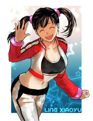 Rule 34 | &gt; &lt;, 1girl, :d, breasts, character name, crop top, cropped jacket, from side, highres, jacket, ling xiaoyu, medium breasts, midriff, navel, open clothes, open jacket, open mouth, pants, ponytail, red footwear, red jacket, side ponytail, simple background, smile, solo, sweatpants, tekken, tekken 4, tooyahh, twintails, white pants, xd