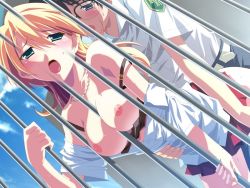Rule 34 | 1boy, 1girl, against fence, bars, between breasts, blonde hair, blush, bra, bra pull, breasts, clothed sex, clothes pull, day, doggystyle, dutch angle, fence, from behind, game cg, glasses, green eyes, hetero, ichinose kyou, imitation lover, izumi mahiru, jewelry, jpeg artifacts, kurusu itsuki, large breasts, lingerie, long hair, necklace, nipples, open mouth, outdoors, school uniform, serafuku, sex, sex from behind, skirt, strap slip, sweat, underwear