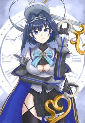 Rule 34 | 1girl, black gloves, black skirt, blue eyes, blue hair, bow, bowtie, breasts, cape, chain, cleavage cutout, clock, clock hands, closed mouth, clothing cutout, cowboy shot, detached collar, detached sleeves, dual wielding, earrings, expressionless, gloves, hair intakes, hairband, halo, highres, holding, holding weapon, hololive, hololive english, jewelry, large breasts, looking at viewer, neck ribbon, ouro kronii, ouro kronii (1st costume), ribbon, short hair, skirt, solo, thighhighs, virtual youtuber, wchanworks, weapon