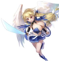 Rule 34 | 1girl, angel, angel wings, astraea (sora no otoshimono), blonde hair, boots, breasts, cleavage, collar, highres, kuza brs, large breasts, long hair, low-tied long hair, midriff, navel, open mouth, red eyes, shield, solo, sora no otoshimono, sword, very long hair, weapon, wings