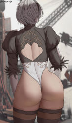 Rule 34 | 1girl, android, ass, ass focus, from behind, hairband, highres, huge ass, leotard, looking away, nier (series), nier:automata, ourobot, shiny skin, short hair, solo, thick thighs, thighhighs, thighs, thong, thong leotard, white hair, 2b (nier:automata)
