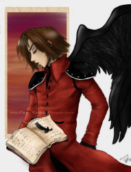 Rule 34 | 1990s (style), 1boy, book, brown hair, crisis core final fantasy vii, closed eyes, feathers, final fantasy, final fantasy vii, genesis rhapsodos, male focus, shoulder pads, signature, single wing, solo, wings
