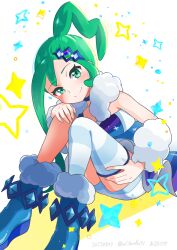Rule 34 | 1girl, arm warmers, arutarika (ri kaoekaki), blue footwear, blush, boots, closed mouth, commentary request, creatures (company), dated, eyelashes, game freak, green eyes, green hair, hair ornament, highres, lisia (pokemon), looking at viewer, nintendo, pokemon, pokemon oras, shorts, shorts under skirt, sidelocks, single thighhigh, sitting, skirt, smile, solo, sparkle, split mouth, striped clothes, striped thighhighs, thighhighs, white background, white shorts