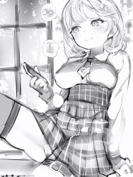 Rule 34 | 1girl, bad id, bad pixiv id, blush, breasts, cameltoe, censored, censored text, closed mouth, collared shirt, greyscale, hair ornament, high-waist skirt, highres, holding, holding phone, hololive, hololive english, large breasts, medium hair, monochrome, nanashi (nlo), necktie, phone, shirt, short necktie, sitting, skirt, smile, solo, thighhighs, virtual youtuber, watson amelia, wing collar