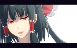Rule 34 | 1girl, black hair, female focus, frills, hair ornament, hakurei reimu, letterboxed, looking down, open mouth, ponytail, portrait, red eyes, sakuyabm, short hair, simple background, solo, touhou, white background