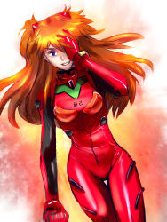 Rule 34 | 1girl, blue eyes, bodysuit, bracer, breasts, clenched hand, covering privates, covering face, covering one eye, covering own eyes, cowboy shot, dutch angle, the end of evangelion, gloves, grin, hair ornament, long hair, looking at viewer, neon genesis evangelion, orange hair, pilot suit, plugsuit, ririclub, sketch, skinny, small breasts, smile, solo, souryuu asuka langley, thigh gap, thighs, turtleneck