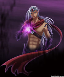 Rule 34 | 1boy, abs, bad id, bad pixiv id, bare shoulders, bottomless, cape, glowing, league of legends, long hair, looking at viewer, male focus, muscular, pointy ears, rokugatsu no usagi, topless male, signature, grey eyes, silver hair, solo, strap, varus
