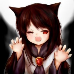 Rule 34 | 1girl, amano jack, animal ears, bad id, bad pixiv id, brooch, brown hair, claw pose, fangs, highres, imaizumi kagerou, jewelry, long hair, long sleeves, open mouth, paw pose, red eyes, shirt, skirt, solo, tail, touhou, uneven eyes, upper body, wide sleeves, wolf ears, aged down