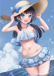 Rule 34 | 1girl, bikini, bikini skirt, black hair, blue bikini, blue eyes, blue sky, brown hat, cloud, collarbone, hat, holding, holding clothes, holding hat, link! like! love live!, long hair, looking at viewer, love live!, low twintails, murano sayaka, navel, open mouth, satolive20, sky, smile, solo, stomach, sun hat, swimsuit, twintails, water