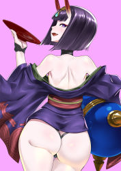 Rule 34 | 1girl, ass, bare shoulders, black fundoshi, bob cut, cup, eyeliner, fate/grand order, fate (series), fundoshi, gourd, highres, holding, horns, ippo, japanese clothes, kimono, looking at viewer, makeup, off shoulder, oni, open mouth, purple eyes, purple hair, purple kimono, sakazuki, short hair, shuten douji (fate), simple background, skin-covered horns