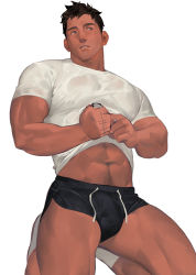 Rule 34 | 1boy, abs, bara, black shorts, bulge, clothes lift, covered erect nipples, dark-skinned male, dark skin, dolphin shorts, erection, erection under clothes, highres, horikwawataru, kneeling, large pectorals, male focus, midriff peek, muscular, muscular male, navel, navel hair, original, pectorals, see-through, shirt, shirt lift, short hair, short shorts, shorts, solo, stomach, thick thighs, thighs, tight clothes, tight shirt, wet, wet clothes, wet shirt, white background, white shirt