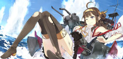 Rule 34 | 10s, 1girl, ahoge, bare shoulders, boots, brown hair, detached sleeves, hair ornament, hairband, hao (patinnko), highres, japanese clothes, kantai collection, kongou (kancolle), long hair, ocean, one eye closed, revision, solo, thigh boots, thighhighs, torn clothes