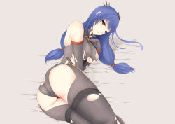 Rule 34 | 1girl, absurdres, ass, bare shoulders, blue hair, breasts, elbow gloves, gloves, hair ornament, hair stick, helena (warship girls r), highres, leotard, long hair, looking at viewer, low twintails, lying, medium breasts, nipples, on side, solo, thighhighs, torn clothes, twintails, warship girls r, wuya (pixiv4007308), yellow eyes