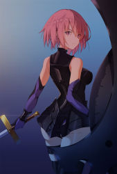 Rule 34 | 1girl, armored leotard, ass, black leotard, black thighhighs, blue background, breasts, closed mouth, elbow gloves, eyes visible through hair, fate/grand order, fate (series), from behind, gloves, gradient background, hair between eyes, highres, holding, holding shield, holding sword, holding weapon, leotard, looking at viewer, mash kyrielight, medium breasts, pink hair, purple eyes, purple gloves, shield, short hair, solo, sword, thigh strap, thighhighs, weapon, yurix