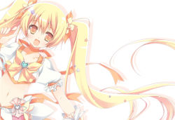 Rule 34 | 10s, 1girl, bad id, bad pixiv id, blonde hair, bow, brooch, cure sunshine, hair ribbon, heart, heart brooch, heartcatch precure!, long hair, magical girl, midriff, myoudouin itsuki, navel, open mouth, orange bow, precure, purinpurin, ribbon, solo, twintails, white background, yellow bow, yellow eyes, yellow theme