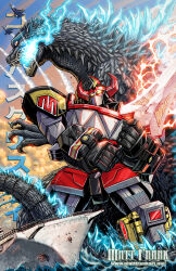 armor battle boom!_studios convention crossover fighting_stance gattai giant giant_monster glowing glowing_eyes godzilla godzilla_(series) godzilla_vs._the_mighty_morphin_power_rangers holding holding_sword holding_weapon horns idw_publishing kaiju long_tail machine matt_frank mecha megazord mighty_morphin_power_rangers monster mouth_beam no_humans open_mouth power_rangers reptilian retro_artstyle robot science_fiction sharp_teeth spines super_robot sword tail teeth toho tokusatsu weapon yellow_eyes
