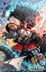 Rule 34 | armor, battle, boom! studios, convention, crossover, fighting stance, gattai, giant, giant monster, glowing, glowing eyes, godzilla, godzilla (series), godzilla vs. the mighty morphin power rangers, holding, holding sword, holding weapon, horns, idw publishing, kaiju, long tail, machine, matt frank, mecha, megazord, mighty morphin power rangers, monster, mouth beam, no humans, open mouth, power rangers, reptilian, retro artstyle, robot, science fiction, sharp teeth, spines, super robot, sword, tail, teeth, toho, tokusatsu, weapon, yellow eyes