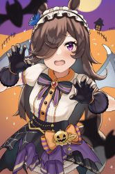 Rule 34 | 1girl, absurdres, animal, animal ears, bad id, bad pixiv id, bat (animal), black gloves, black skirt, blush, brown hair, buttons, collared shirt, demon wings, fang, flying sweatdrops, gloves, hair over one eye, halloween, halloween costume, highres, horse ears, horse girl, long hair, official alternate costume, open mouth, puffy short sleeves, puffy sleeves, purple eyes, rice shower (make up vampire!) (umamusume), rice shower (umamusume), shirt, short sleeves, skirt, solo, umamusume, wanimaru, white shirt, wings