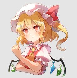 Rule 34 | 1girl, 60mai, ascot, blonde hair, blush, clenched hand, commentary request, cropped torso, crystal, flandre scarlet, grey background, hair between eyes, hat, hat ribbon, long hair, looking at viewer, mob cap, one side up, puffy short sleeves, puffy sleeves, red eyes, red ribbon, red vest, ribbon, shirt, short sleeves, simple background, smile, solo, touhou, upper body, vest, white hat, white shirt, wing collar, wings, yellow ascot