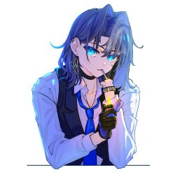 Rule 34 | 1girl, blue eyes, blue hair, choker, cigarette, earrings, fire, gloves, hair behind ear, hair intakes, highres, holding, holding lighter, hololive, hololive english, jewelry, lighter, long sleeves, looking at viewer, necktie, ouro kronii, simple background, smoking, solo, upper body, virtual youtuber, watch, white background, yuutomeh