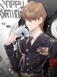 Rule 34 | 1boy, alternate costume, belt, black neckwear, blue-eyes white dragon, brown hair, cbow, closed mouth, collared shirt, commentary request, dragon on shoulder, duel monster, english text, grey eyes, hair between eyes, hand up, happy birthday, highres, kaiba seto, long sleeves, looking at viewer, male focus, medal, military, military uniform, necktie, shirt, uniform, white shirt, yu-gi-oh!, yu-gi-oh! duel monsters