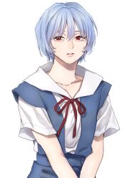 Rule 34 | 1girl, aegyo sal, ayanami rei, blue hair, collarbone, commentary request, eyelashes, highres, neon genesis evangelion, norimaki (seidan0611), parted lips, red eyes, short hair, simple background, solo, upper body, white background