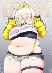 Rule 34 | 1girl, :3, ahoge, blonde hair, blush, breasts, commentary request, elegg (nikke), exposed pocket, facing viewer, fat, gloves, goddess of victory: nikke, gradient background, grey background, grey shorts, hair intakes, hair over eyes, highres, large breasts, long bangs, long sleeves, muffin top, multicolored clothes, multicolored gloves, multicolored hair, navel, open mouth, shiyo hodaka, short hair, short shorts, shorts, simple background, skindentation, solo, suspender shorts, suspenders, thick thighs, thigh strap, thighs, two-tone hair, yellow gloves