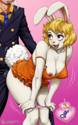 Rule 34 | 1boy, 1girl, animal ears, blonde hair, blush, breasts, carrot (one piece), highres, large breasts, looking back, nipples, one piece, open mouth, panties, panty pull, pink panties, rabbit ears, rabbit girl, rabbit tail, ragathol, red eyes, sanji (one piece), short hair, smile, tail, underwear