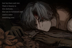 Rule 34 | 1boy, bleeding, blood, brown gloves, cahara (fear &amp; hunger), dying, english text, fear &amp; hunger, gloves, grey hair, half-closed eyes, highres, lying, male focus, on ground, on stomach, parted lips, sleeveless, solo, spoilers, twitter username, zokukotsu ramen