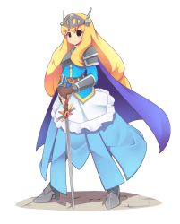 Rule 34 | 1girl, absurdres, armor, belt, black eyes, blonde hair, blue cape, blue skirt, blush, brown belt, brown gloves, cape, closed mouth, commission, fingerless gloves, fizintine, gloves, hands on hilt, helmet, high heels, highres, holding, holding sword, holding weapon, knight, long hair, looking at viewer, original, simple background, skirt, solo, standing, sword, very long hair, weapon