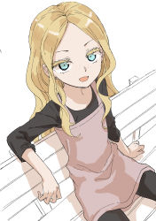 Rule 34 | 1girl, :d, black pantyhose, black shirt, blonde hair, blue eyes, brown dress, colored eyelashes, commentary request, dress, fang, freckles, futari escape, highres, long hair, long sleeves, looking at viewer, on bench, open mouth, pantyhose, senpai (futari escape), shirt, simple background, sitting, sleeveless, sleeveless dress, smile, solo, white background, yamamoto souichirou