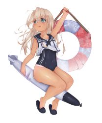 Rule 34 | 1girl, absurdres, black sailor collar, blonde hair, blue eyes, crop top, flower, full body, hair flower, hair ornament, highres, kantai collection, lifebuoy, long hair, looking back, one-piece swimsuit, one-piece tan, ro-500 (kancolle), sailor collar, school swimsuit, simple background, slippers, solo, swim ring, swimsuit, swimsuit under clothes, tan, tanline, torpedo, vimi, white background