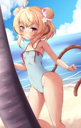 Rule 34 | 1girl, ahoge, andira (granblue fantasy), animal ears, beach, blonde hair, blue sky, breasts, brown eyes, casual one-piece swimsuit, cloud, covered erect nipples, day, double bun, erune, ether core, granblue fantasy, green one-piece swimsuit, hair bun, highres, horizon, looking at viewer, monkey ears, monkey tail, ocean, one-piece swimsuit, outdoors, palm tree, sky, small breasts, smile, solo, swimsuit, tail, tree