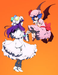 Rule 34 | 2girls, bad id, bad pixiv id, bat wings, colorized, embodiment of scarlet devil, eye contact, female focus, floating, hat, holding hands, lefthand, looking at another, matilda (matildax), mob cap, multiple girls, orange background, patchouli knowledge, remilia scarlet, ribbon, simple background, touhou, wings
