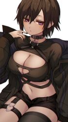 Rule 34 | 1girl, arm at side, black choker, black hair, black jacket, black nails, black shirt, black shorts, black thighhighs, breasts, choker, cleavage, closed mouth, cowboy shot, expressionless, hair between eyes, hand up, heart o-ring, highres, huge breasts, jacket, kushinaka, legs together, looking at viewer, nail polish, navel, off shoulder, open clothes, open jacket, original, purple eyes, shirt, short hair, short shorts, shorts, sidelocks, simple background, single thighhigh, sitting, solo, stomach, thick thighs, thigh strap, thighhighs, thighs, white background